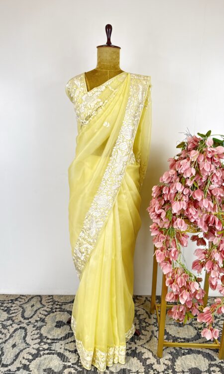 Yellow colour Parsi-gara organza saree