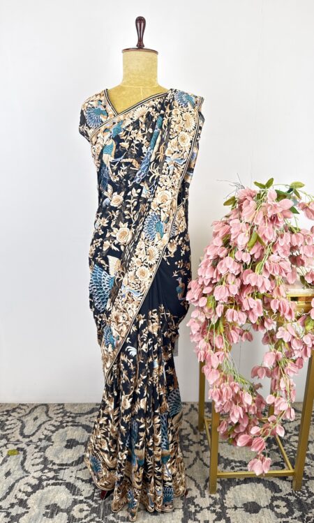 Navy blue colour parsi-gara saree
