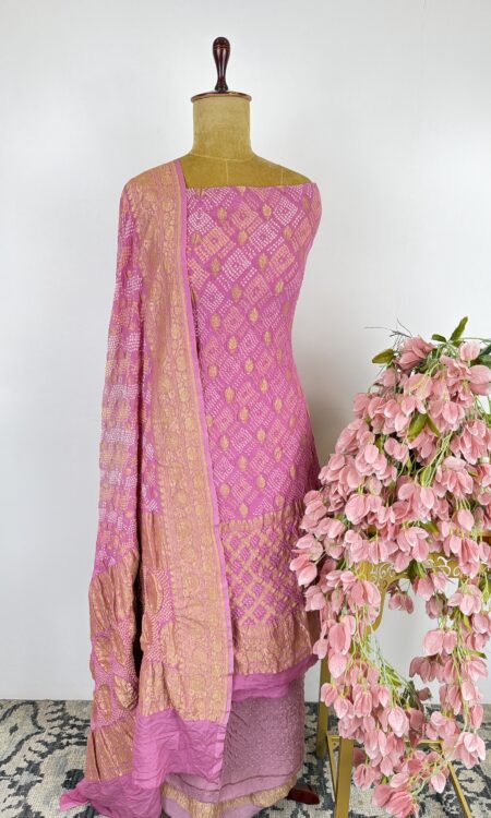 Pink colour bandhani unstitched suit
