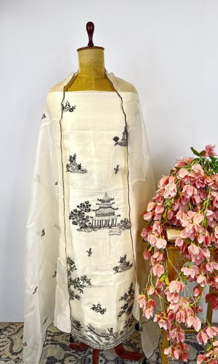 Off white colour organza unstitched suit
