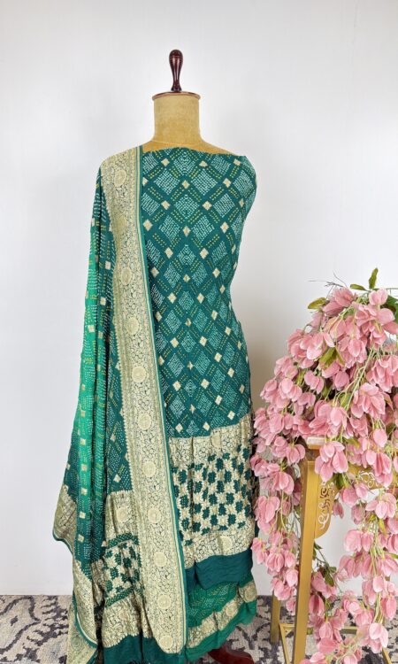 Bottle green colour bandhani unstitched suit