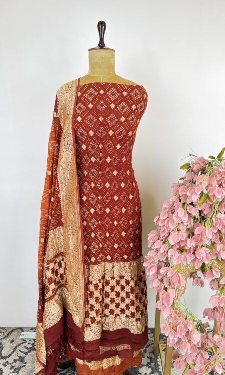 Brown colour bandhani unstitched suit