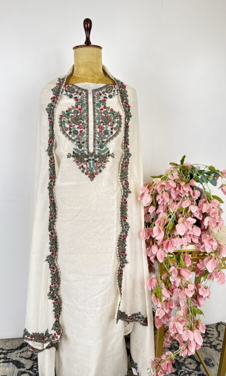 White colour Chanderi unstitched suit