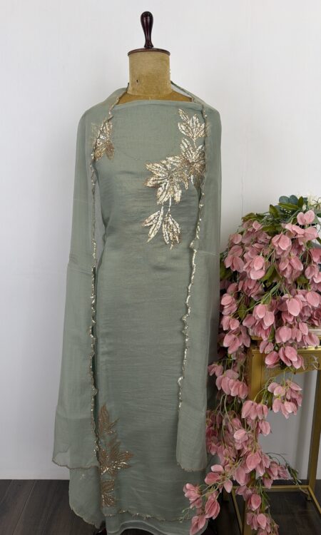 Green Chanderi unstitched suit