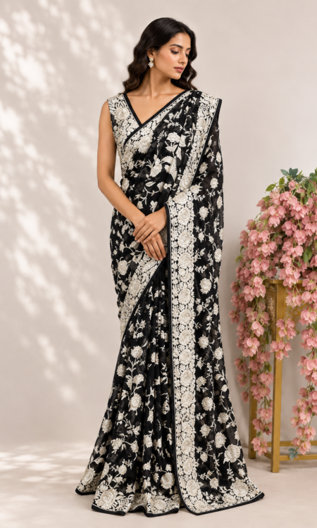 Black colour Parsi gara saree