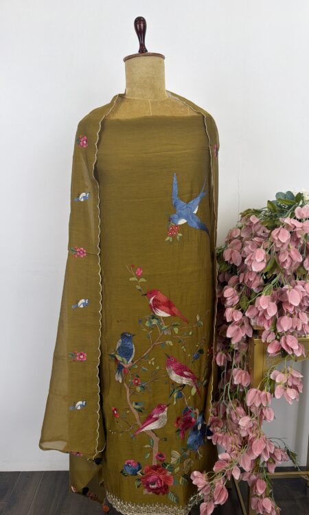 Green Chanderi unstitched suit