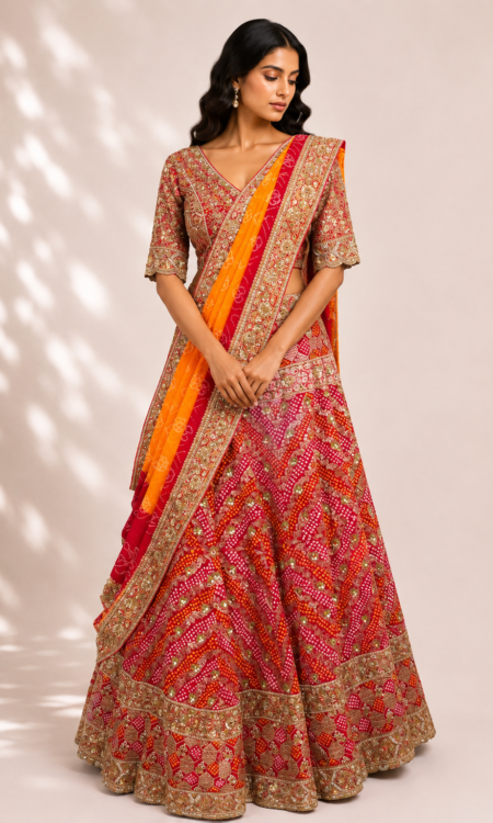 Red bandhani lehenga