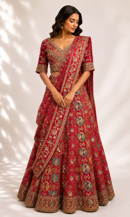 Red colour bandhani lehenga