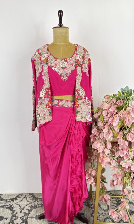 Pink colour jacket with drape skirt