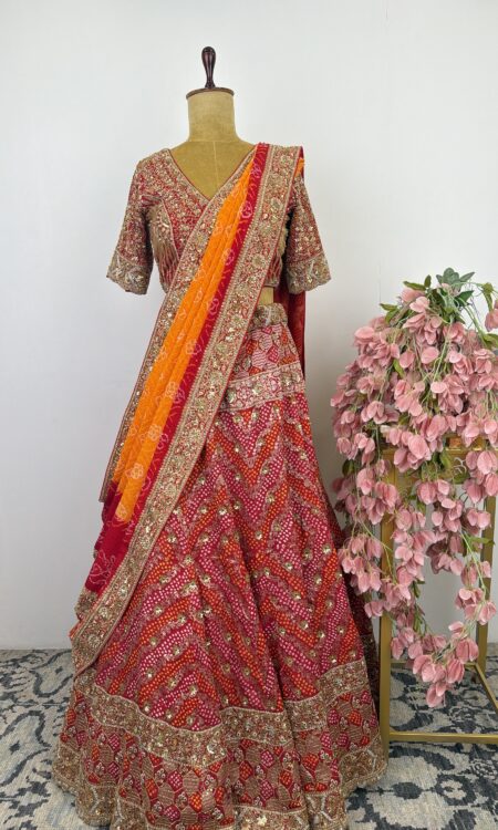 Red bandhani lehenga