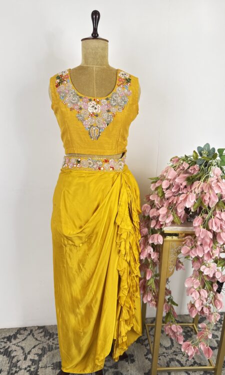 Yellow colour jacket with drape skirt