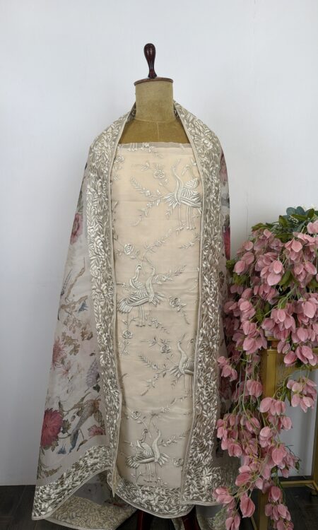Off white organza unstitched suit