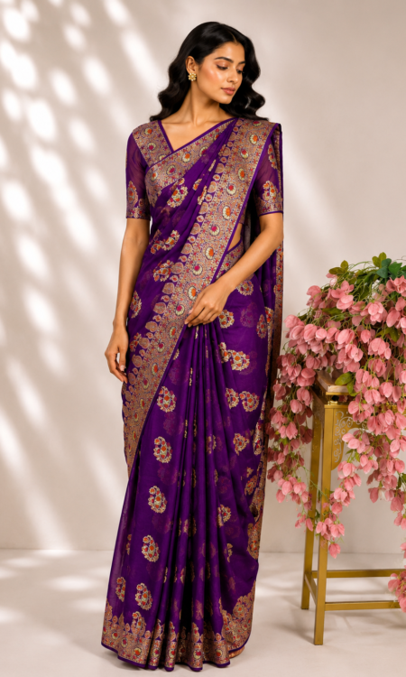 Purple colour georgette saree
