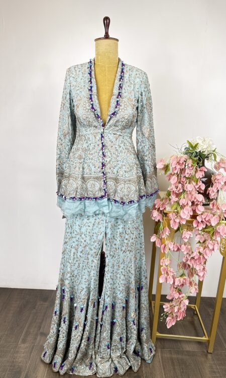 Sky blue colour indo western jacket with flared pants