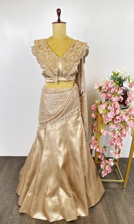Gold banarsi tissue lehenga with top