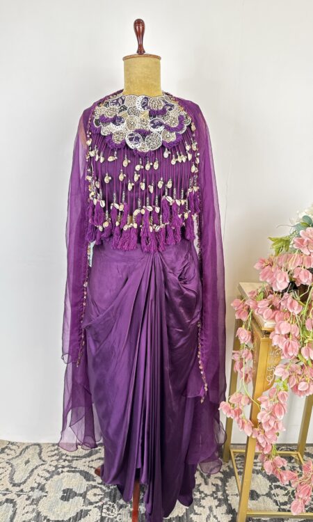 Purple colour drape skirt with shells cape