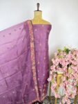 Purple colour cross stitch organza unstitched suit