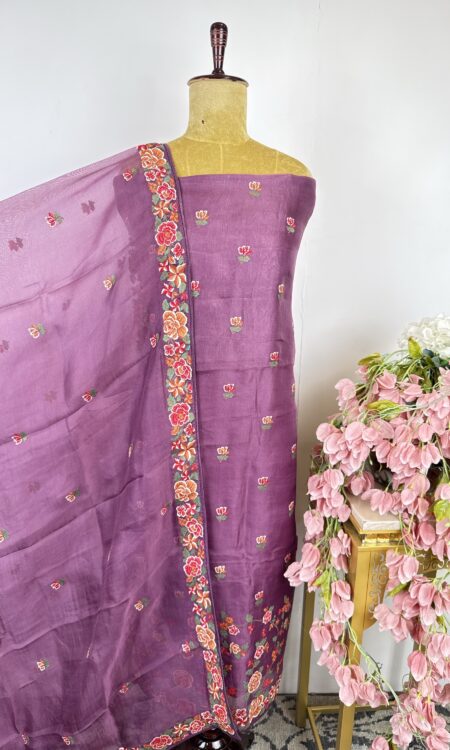 Purple colour cross stitch organza unstitched suit