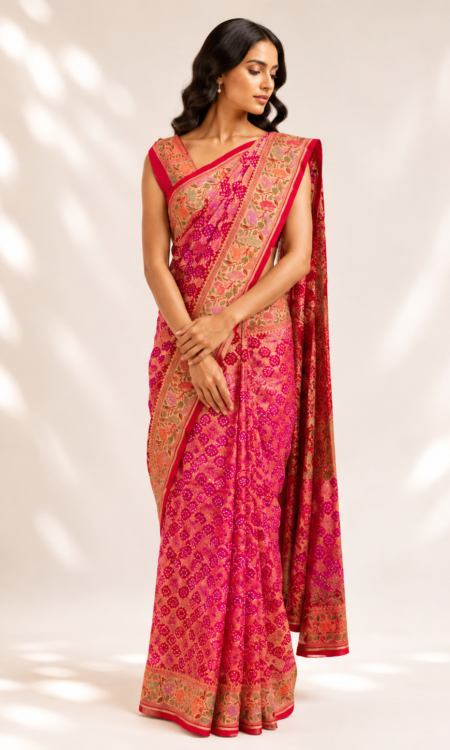 Pink to red ombré bandhani saree