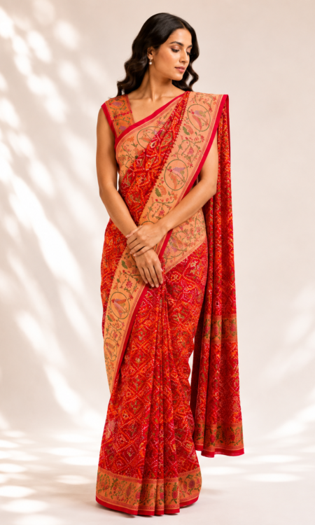 Red to orange ombré bandhani saree