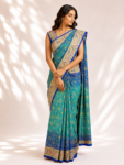 Blue and green ombré bandhani saree