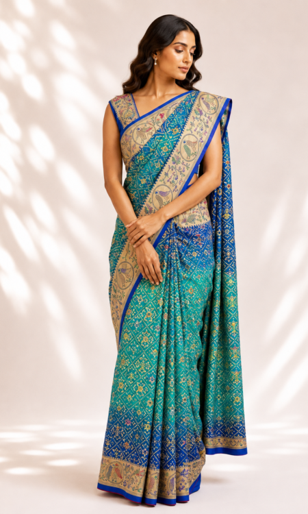 Blue and green ombré bandhani saree