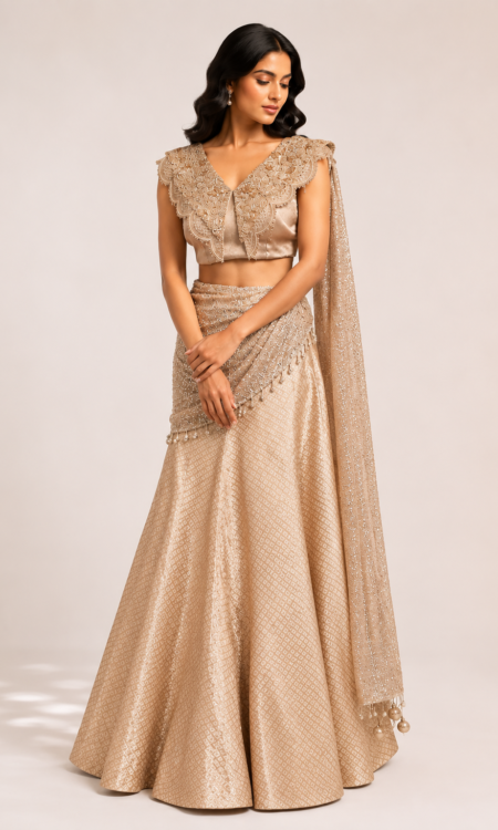 Gold banarsi tissue lehenga with top