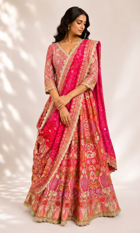 Red and pink colour lehenga with peplum top