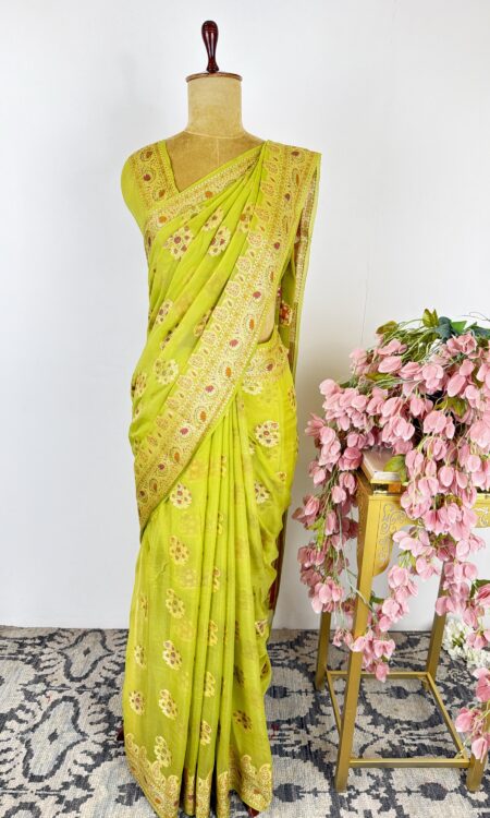 Pista green colour georgette saree