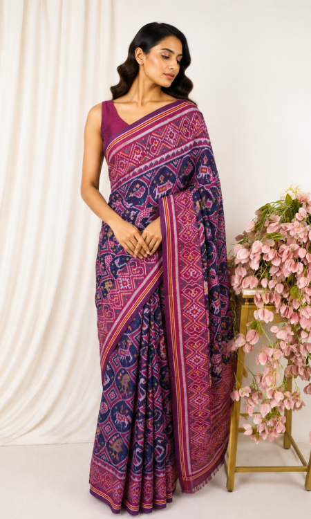 Navy blue colour single ikkat saree