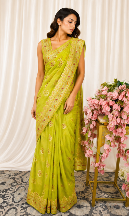 Pista green colour georgette saree