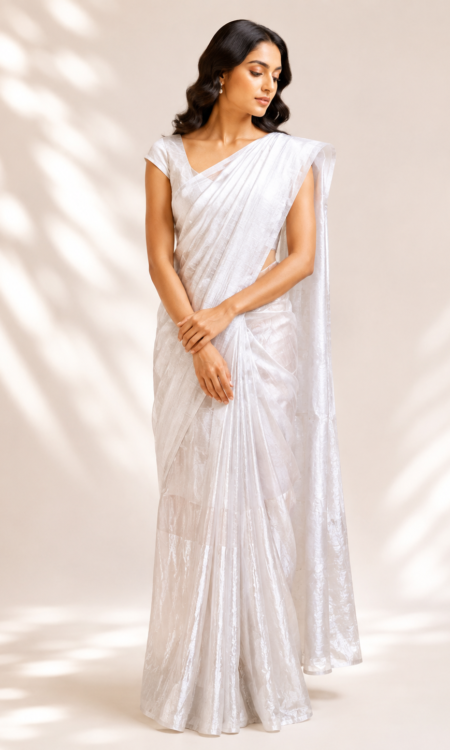 Silver colour half and half tissue saree
