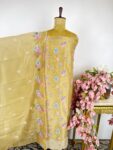 yellow colour cross stitch organza unstitched suit