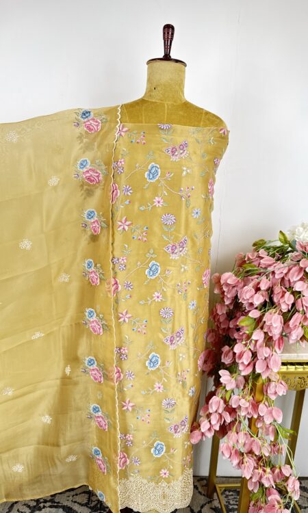 yellow colour cross stitch organza unstitched suit