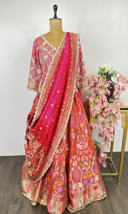 Red and pink colour lehenga with peplum top