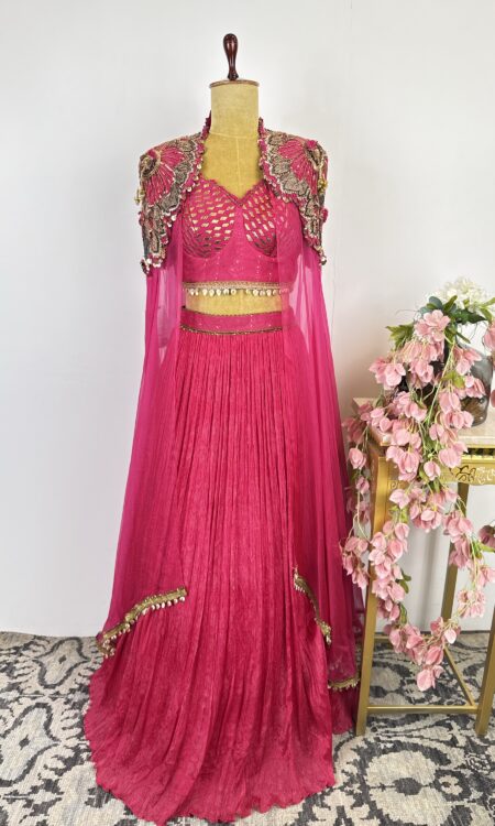 Hot pink colour corset and skirt with cape