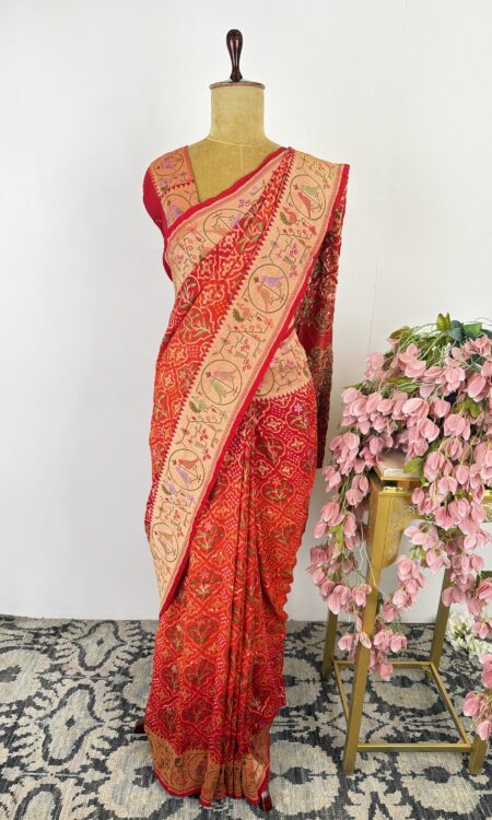 Red to orange ombré bandhani saree