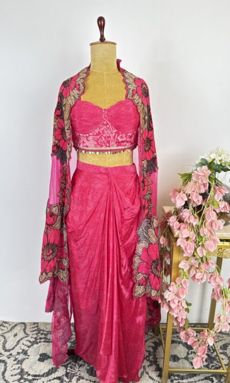 Hot pink colour corset with drape skirt and cape