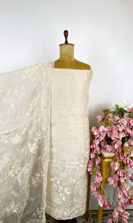 Beige colour organza unstitched suit