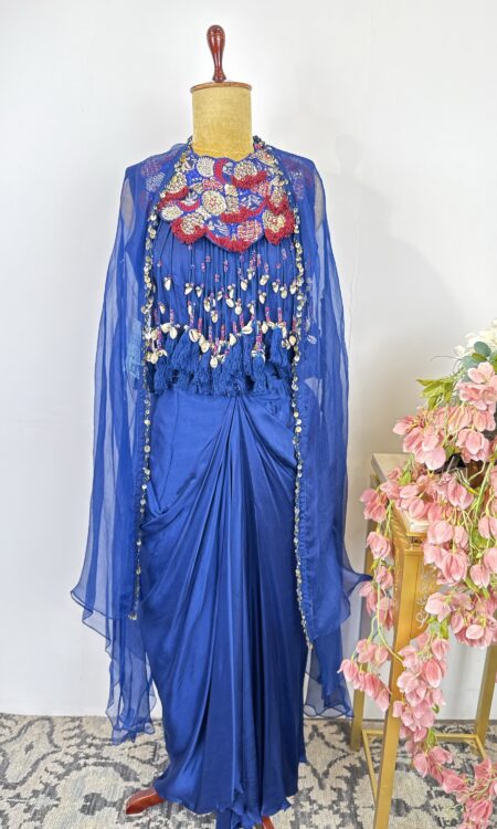 Blue colour drape skirt with shells cape