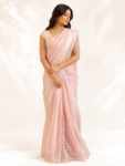 Peach Organza Saree with Gold & Silver Woven Lines