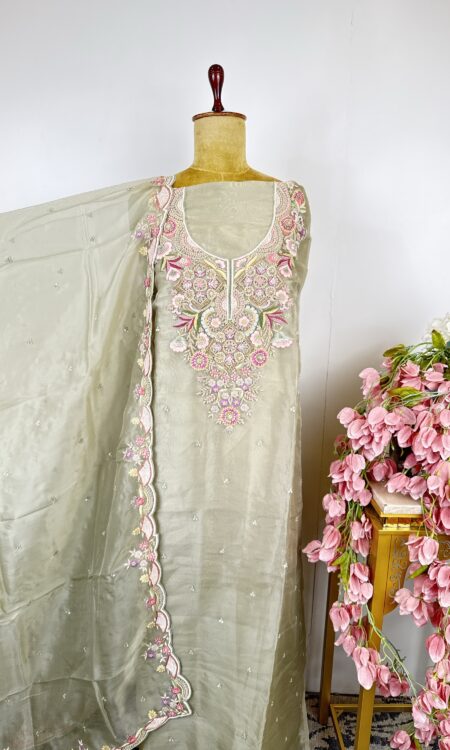 Sage green colour organza unstitched suit