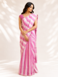 Pink & White Falling Silk Saree with Gold Zari Stripes