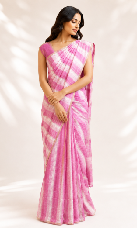 Pink & White Falling Silk Saree with Gold Zari Stripes