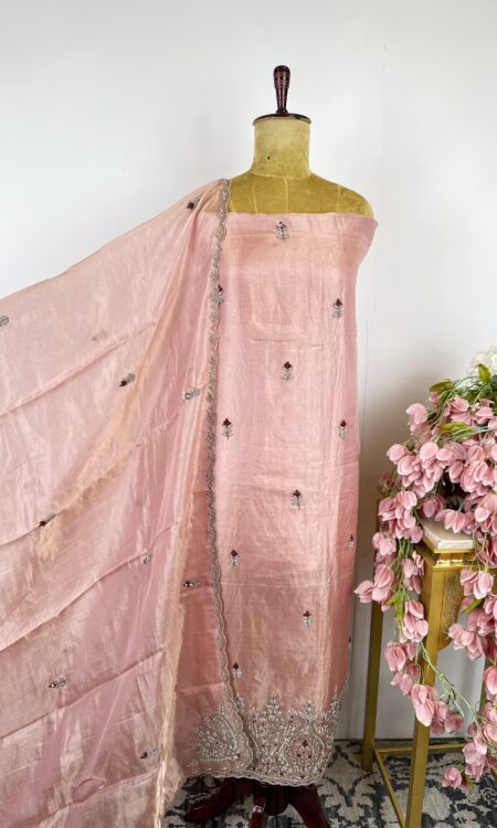 Peach colour organza tissue unstitched suit