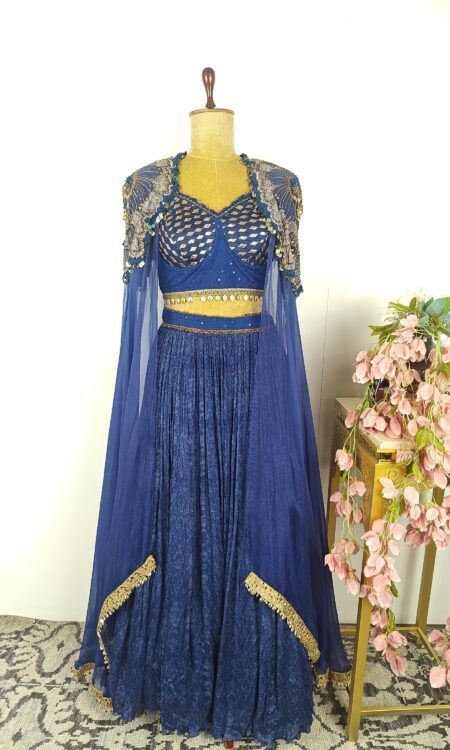 Blue colour corset and skirt with cape