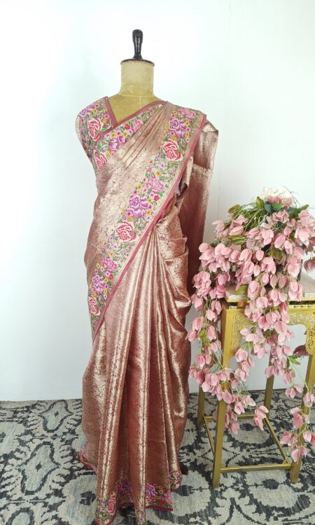 Rose pink colour banarasi tissue saree