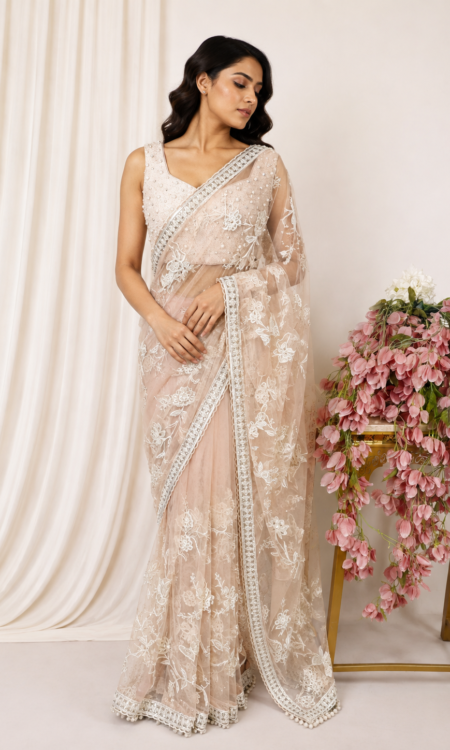Peach colour net saree
