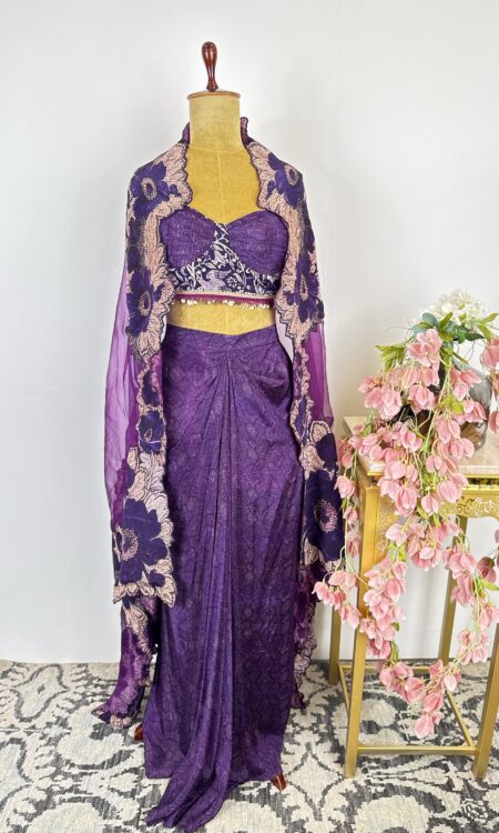 Purple corset with drape skirt and cape