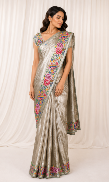 Silver colour banarasi tissue saree